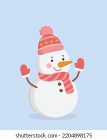 Cute christmas snowman, happy celebrating christmas, christmas hat and scarf with woolen mittens, vector cartoon style