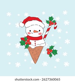 Cute Christmas Snowman Ice Cream Cone Vector Illustration