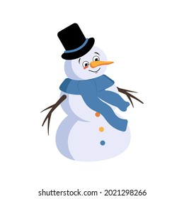 Cute Christmas snowman with joyful emotions, smile face, happy eyes, arms and legs. Joyful New Year festive decoration with kind expression