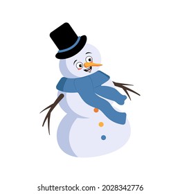 Cute Christmas snowman with joyful emotions, smile face, happy eyes, arms and legs. Joyful New Year festive decoration with kind expression