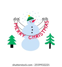 Cute Christmas Snowman. Merry Christmas and Happy new year greeting card. Vector flat illustration. 