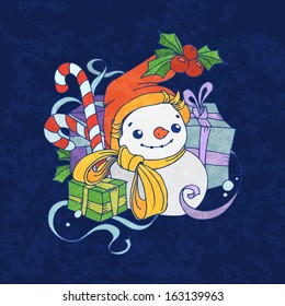 cute christmas snowman on blue background