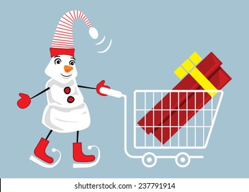 Cute Christmas Snowman on skates holding shopping cart