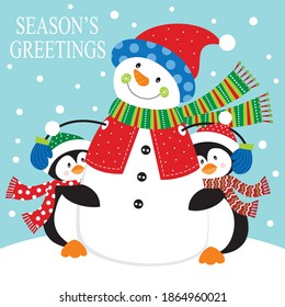 Cute christmas snowman and penguin for greeting card. christmas gift bag or box design