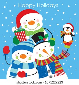 Cute christmas snowman and penguin for greeting card, christmas gift bag or box design