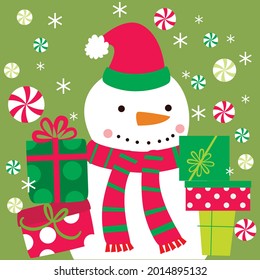 Cute christmas snowman and presents for christmas card, gift bag or box design