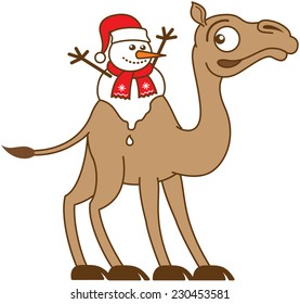 Cute Christmas snowman with red scarf and Santa hat melting while seated between the two fatty humps of the back of a very surprised and worried brown camel