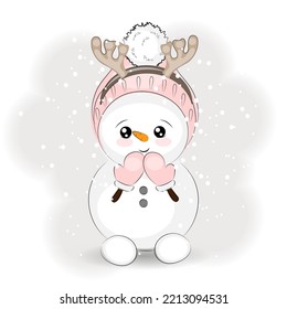 Cute Christmas snowman with reindeer antlers, vector illustration