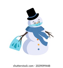 Cute Christmas snowman with sad emotions, face and mask keep distance, hands with shopping bag and stop gesture. Joyful New Year festive decoration with depression expression