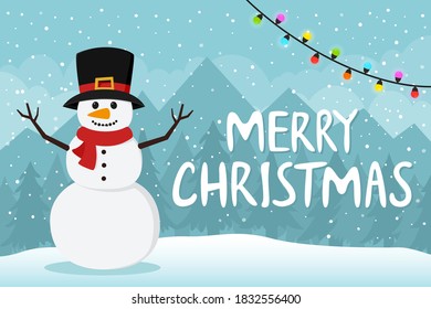 Cute christmas snowman in scarf and top hat. Winter background vector illustration.
