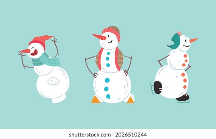Cute Christmas Snowman Set, Funny Xmas Character Wearing Hat and Scarf in Different Action Poses Cartoon Vector Illustration