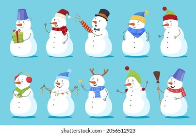 Cute Christmas snowman set vector flat illustration. Collection of childish winter character with gift box, garland, flapper, magic stick and broom. Xmas funny snow man wearing hat, scarf and bucket