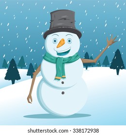 Cute Christmas Snowman With Smile And Happy Face With Snow Background
