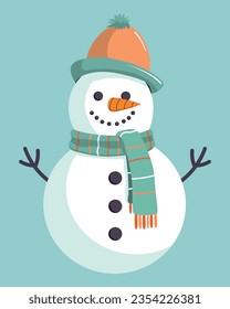 Cute Christmas snowman with a striped scarf. Cartoon flat design. Vector illustration. Winter seasonal flat vector illustration. Symbol of Christmas and happy New Year