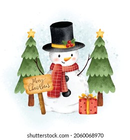 Cute Christmas Snowman And Christmas Tree 