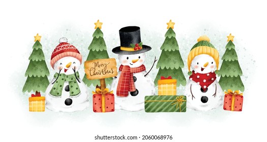 Cute Christmas snowman and Christmas tree banner 
