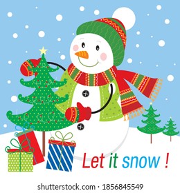 Cute christmas snowman and tree that you can use for greeting card or gift bag and box design