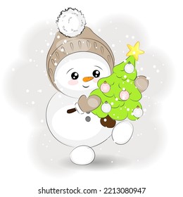 Cute Christmas snowman with a Christmas tree vector illustration