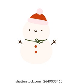 Vetor bonito boneco de neve de Natal com cachecol arco. Ilustração de inverno simples em estilo de desenho animado festivo