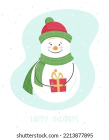 Cute Christmas snowman. Vector illustration of winter holidays snowman with festive gift, scarf, hat and text. Winter greeting card,  poster, web banner. Merry Christmas and happy New Year
