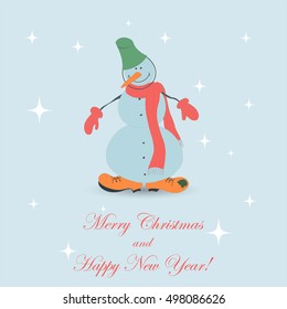 Cute Christmas Snowman Wearing Holey Bucket, Scarf, Mittens and Old Orange Boots. Christmas Gift Card. Vector EPS 10
