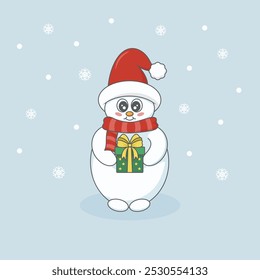 Cute Christmas snowman wearing a Santa hat and striped scarf, holds a small gift box decorated with a ribbon and bow. Cartoon style vector illustration.