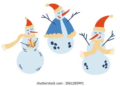 Cute Christmas snowmen collection. Funny snowmen in different poses hats and scarves. New Year's pattern for design on a Christmas theme. Vector winter illustration.  