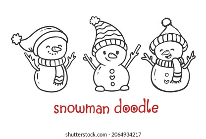 Cute christmas snowmen doodle style set.  Funny snowman wearing hat, scarf and mittens collection on white background.Vector illustrations 