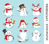 Cute christmas snowmen flat vector illustrations set. Winter outdoor activity for kids isolated cliparts pack. Funny snow man wearing hat, scarf and mittens collection on blue background