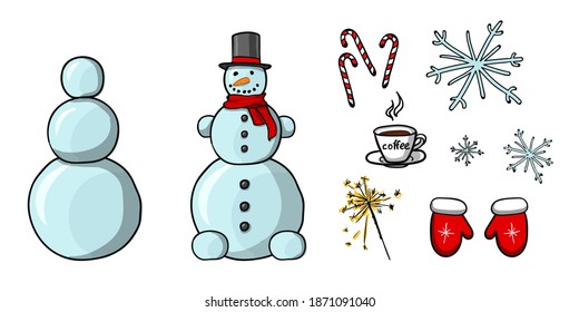 Cute christmas snowmen flat vector illustrations set. Winter outdoor activity for kids. Funny snow man wearing hat, scarf with winter accessories on white background. Isolated cliparts pack.