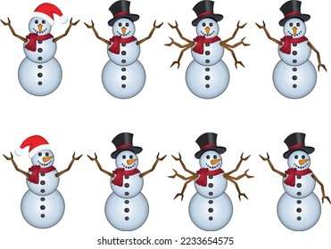 Cute christmas snowmen flat vector illustrations set. Winter outdoor activity for kids isolated cliparts pack. Funny snow man wearing hat, scarf collection on white background Graphic resource