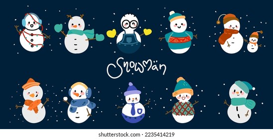 Cute Christmas snowmen flat vector illustrations set. Set of winter holidays snowman. Winter outdoor activity for kids isolated cliparts pack. Funny snowman wearing hat, scarf and mittens collection. 