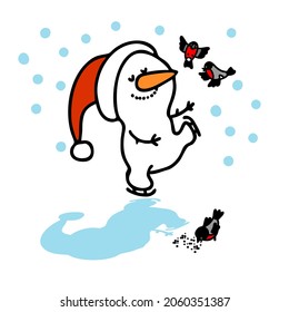 Cute Christmas Snowmen on skates. Vector set of funny snowmen on a white background. Doodle style