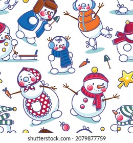 Cute Christmas Snowmen - Seamless Pattern