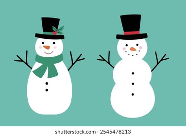 Cute Christmas snowmen set flat vector illustration.
Winter holiday snowman cartoon.
