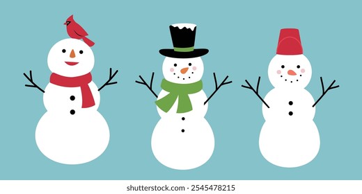 Bonitos bonitos bonecos de neve de Natal conjunto ilustração vetor plana.
Desenho de boneco de neve de inverno.
