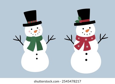 Los muñecos de nieve lindos de las Navidades fijan la Ilustración vectorial plana.
Caricatura de muñeco de nieve de vacaciones de invierno.
