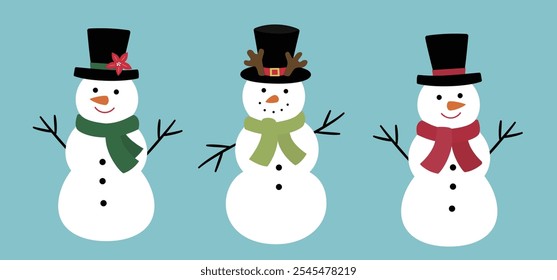 Cute Christmas snowmen set flat vector illustration.
Winter holiday snowman cartoon.
