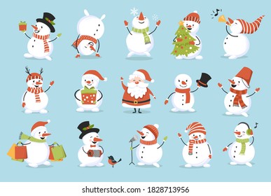 Cute Christmas snowmen set. Funny playful characters. Perfect for New Year and winter holiday card, poster and banners.