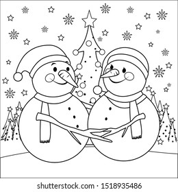  Cute Christmas snowmen and Christmas tree. Vector black and white coloring page.