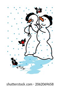 Hombres de nieve de Navidad en patines. Un conjunto de vectores de divertidos hombres de nieve sobre un fondo blanco. Estilo Doodle