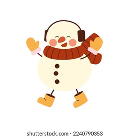 Cute christmas snowmen in warm scarve, mittens. Cheerful happy snowmen in costume and glasses jumping with legs in boots. Winter holidays snow men. Merry Xmas. Flat vector.