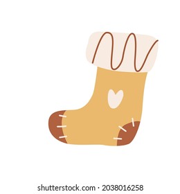 Cute Christmas sock decorated with heart. Vector hand drawn illustration isolated on white background.  Great for greeting cards. Boho Earth tones.