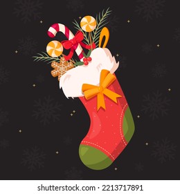 Cute Christmas sock with gifts and sweets. Holiday decoration, a place for present