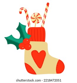Cute Christmas sock for gifts. Valenok with sweets. Holly leaves, candy cane, lollipop. Red heart silhouette. It is a tradition to give gifts to children, relatives, family in the new year. 