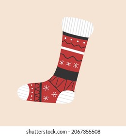 Cute christmas sock with snowflakes. Vector illustration with red stocking. Element for Christmas and New Year. Winter celebration clipart.