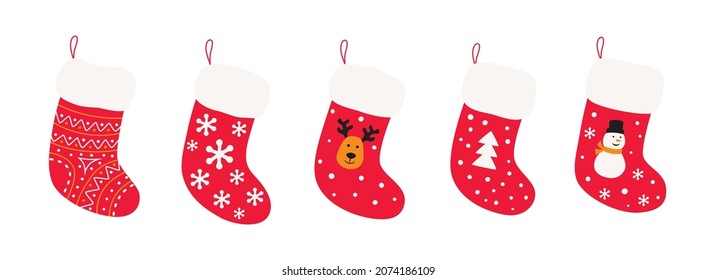 Cute Christmas Socks set. Vector cartoon Illustration