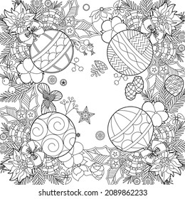 Cute Christmas square frame. Winter holiday decoration. Black and white elements. Traditional festive decor for season design. Hand drawn illustration for children and adults and coloring books.