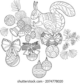 Cute Christmas squirrel. Winter holiday decoration. Black and white elements. Traditional festive deor for season design. Hand drawn illustration for children and adults, coloring books and tattoo.