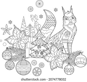 Cute Christmas squirrel. Winter holiday decoration. Black and white elements. Traditional festive decor for season design. Hand drawn illustration for children and adults, coloring books and tattoo.